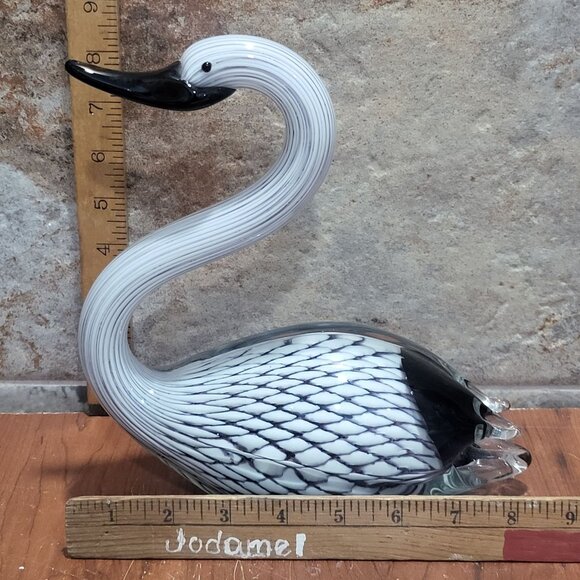Hand Blown Art Glass Black White Swan Sculpture Glass Duck - Picture 9 of 10